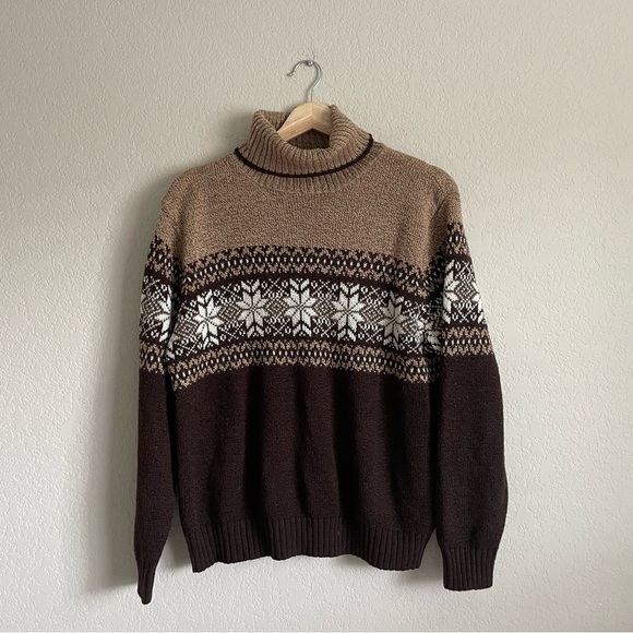 Vintage Sweater Womens Large Snowflake Turtleneck Brown Carolyn Taylor Knitted - Picture 1 of 8